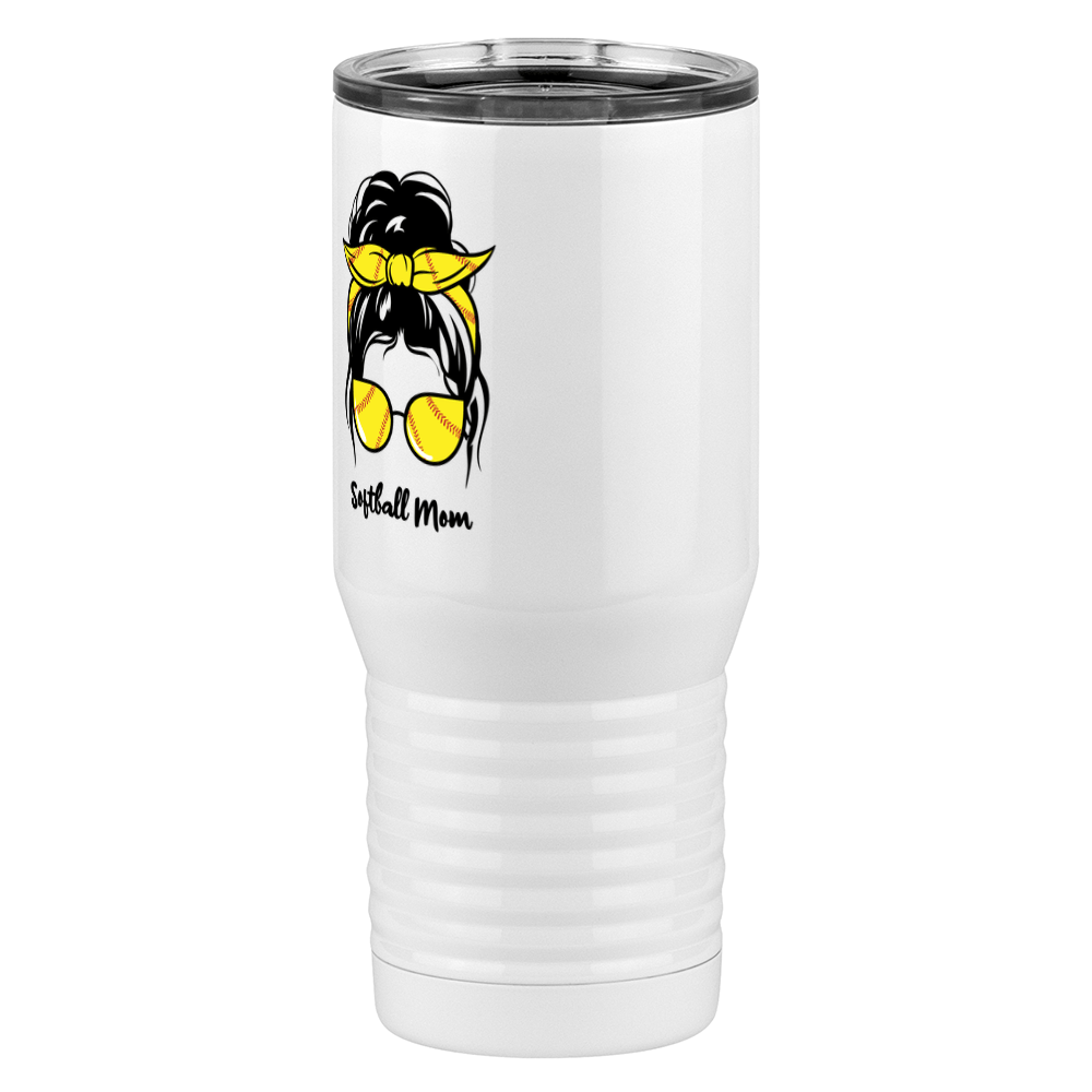 Personalized Messy Bun Tall Travel Tumbler (20 oz) - Softball Mom - Front Left View