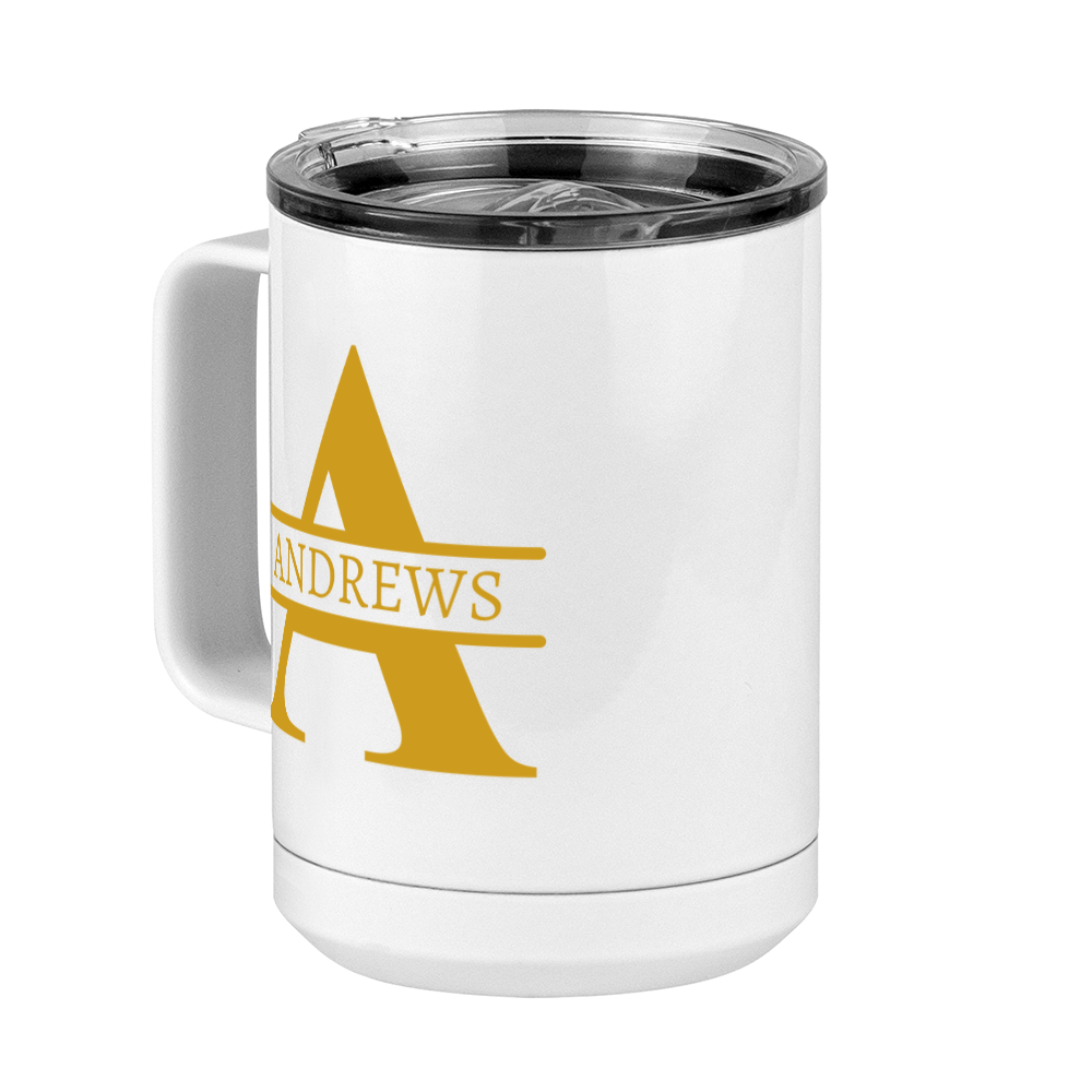 Personalized Name & Initial Coffee Mug Tumbler with Handle (15 oz) - Gold Letters - Front Left View