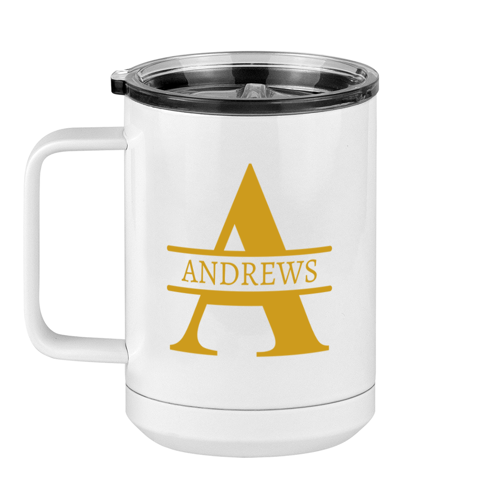 Personalized Name & Initial Coffee Mug Tumbler with Handle (15 oz) - Gold Letters - Left View