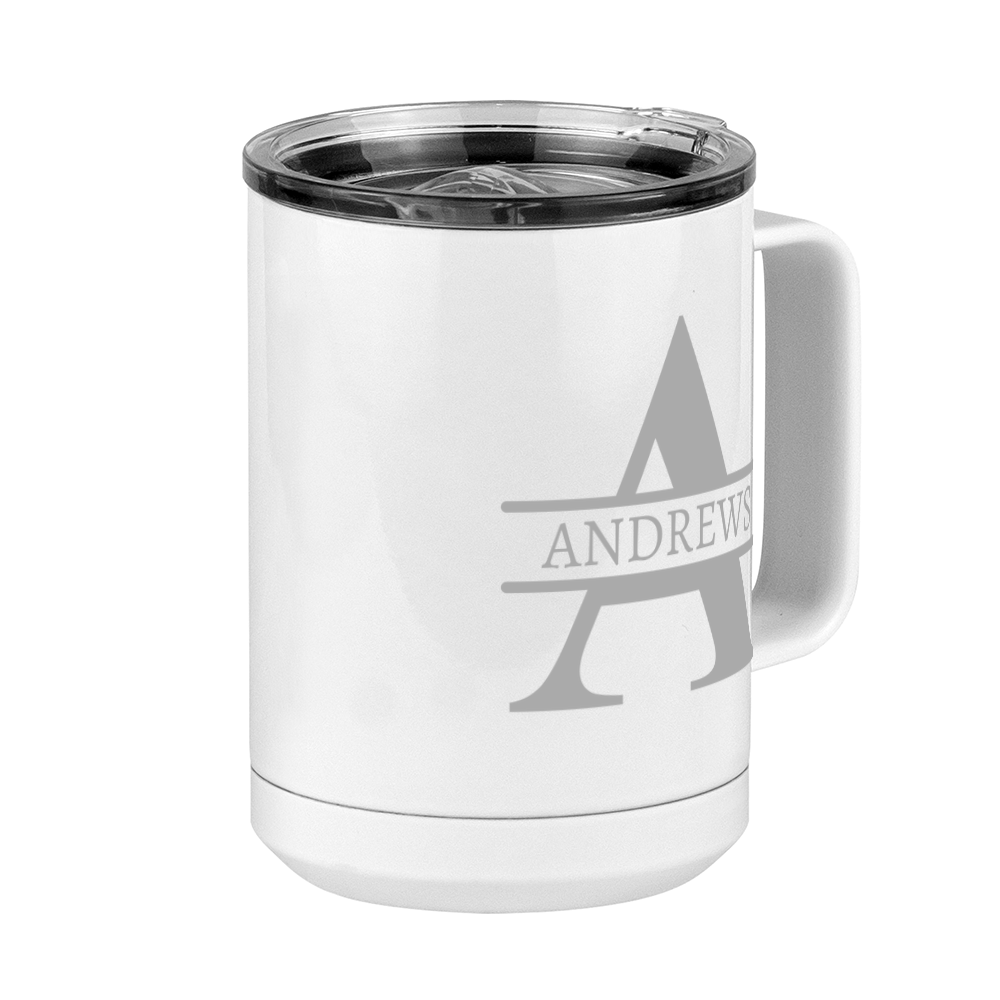 Personalized Name & Initial Coffee Mug Tumbler with Handle (15 oz) - Grey Letters - Front Right View