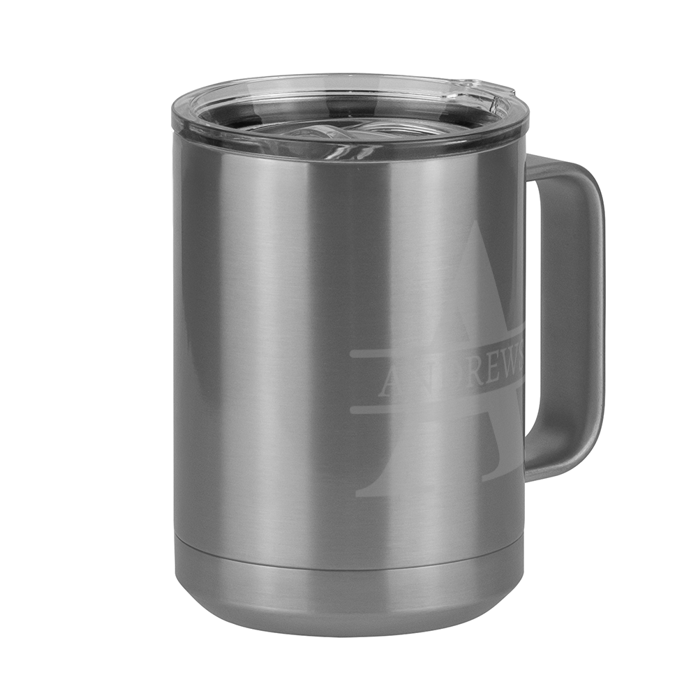Personalized Name & Initial Coffee Mug Tumbler with Handle (15 oz) - Grey Letters - Front Right View