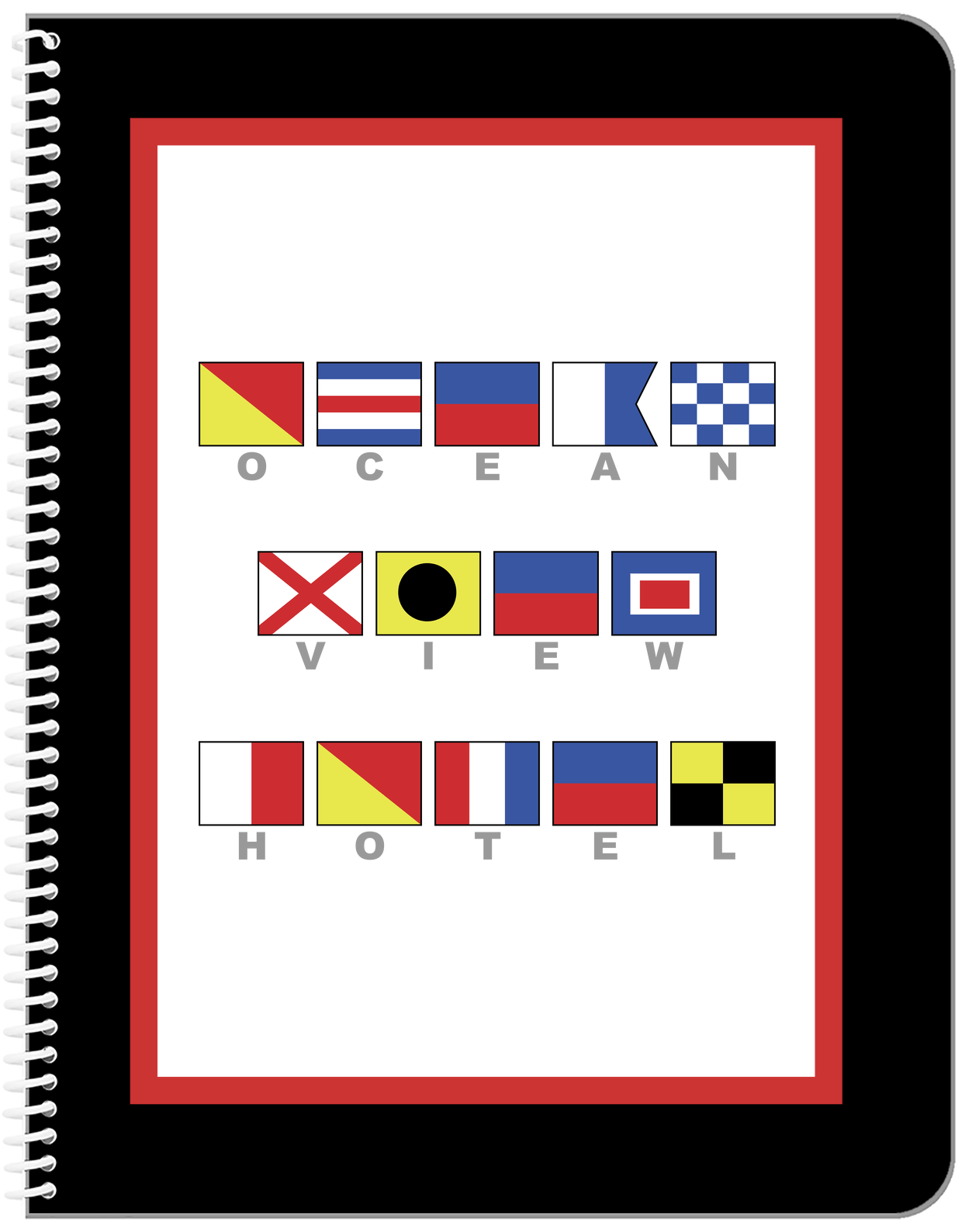 Personalized Nautical Flags Notebook - Black and Red - Flags with Grey Letters - Front View