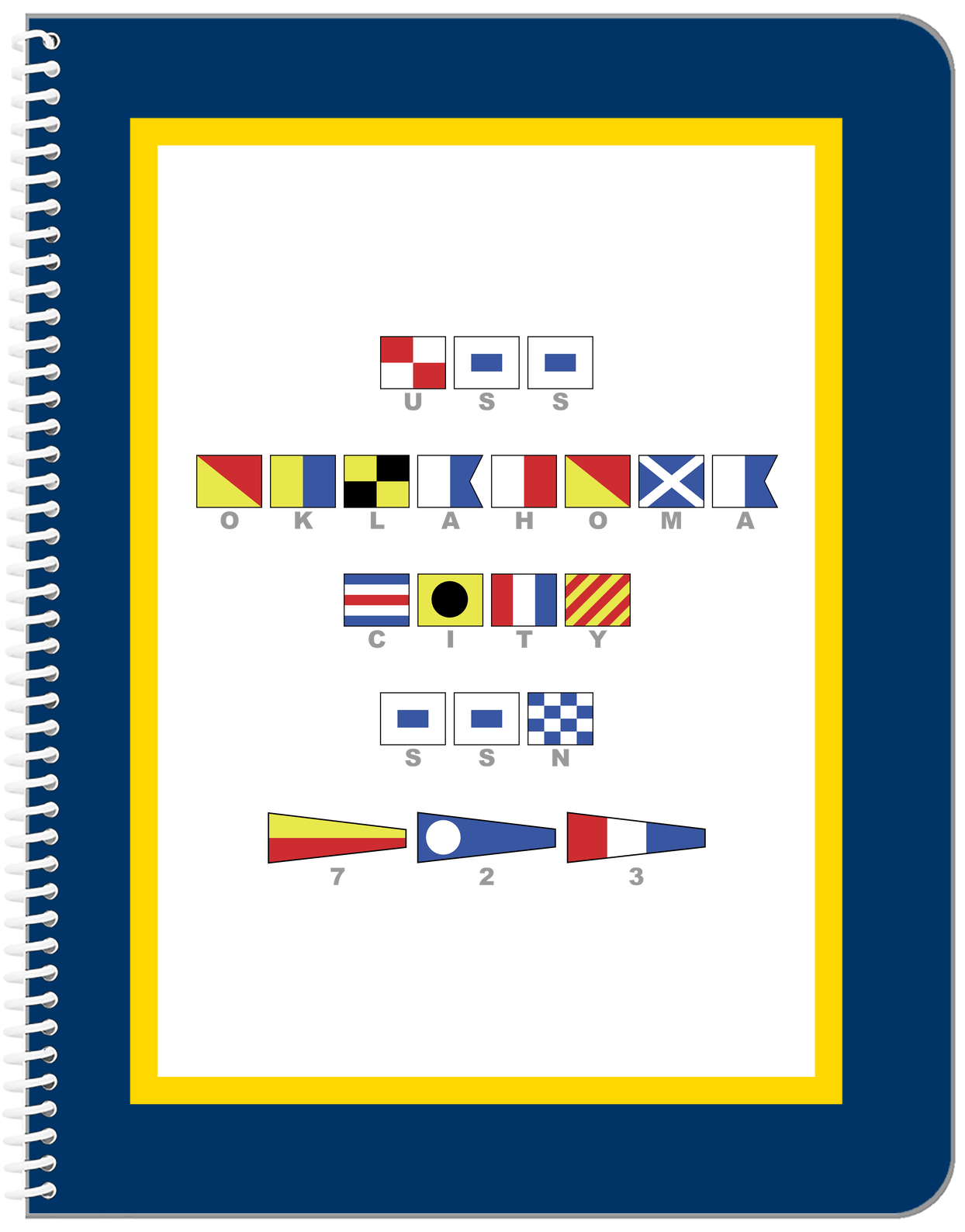 Personalized Nautical Flags Notebook - Navy Blue and Gold - Flags with Grey Letters - Front View