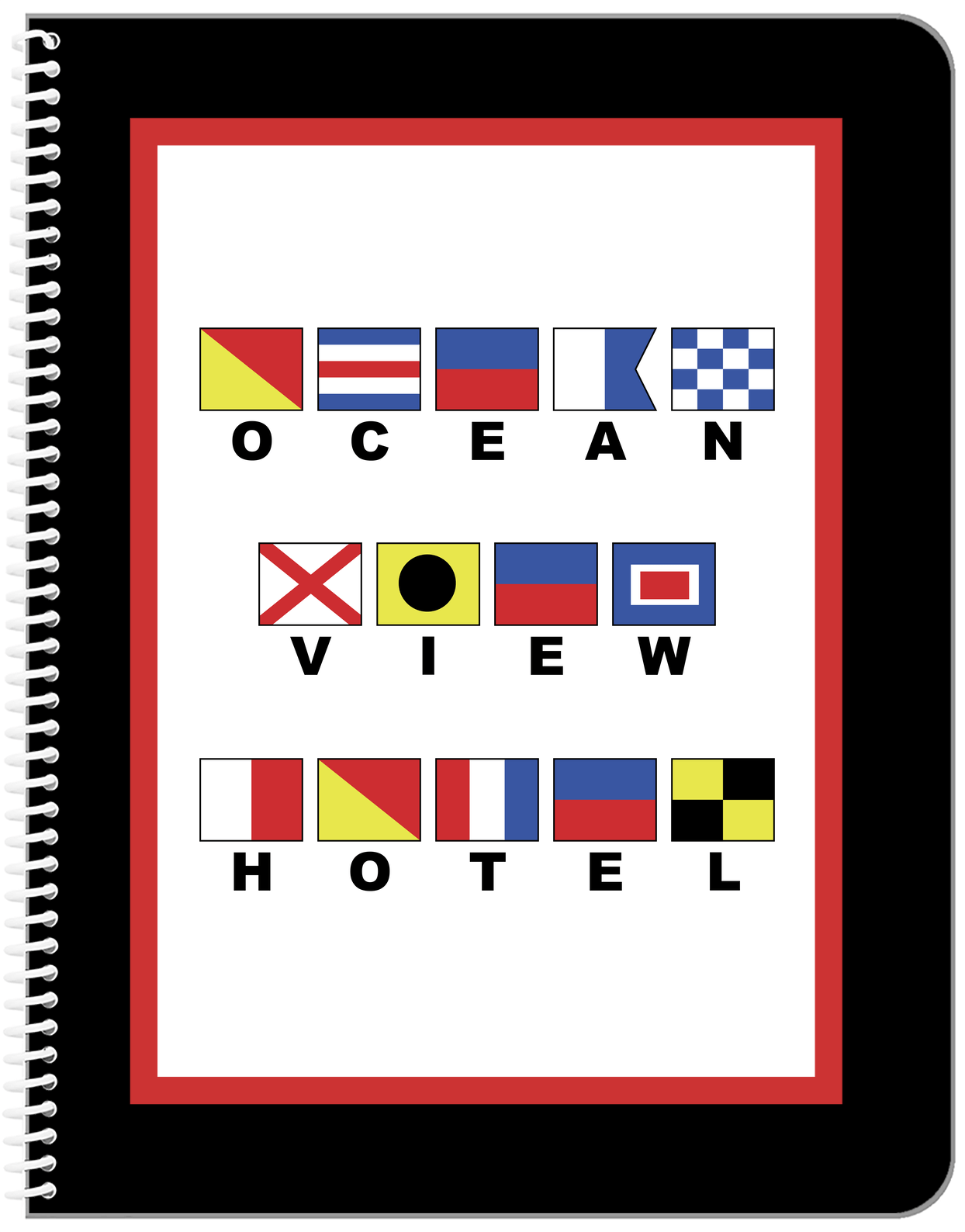 Personalized Nautical Flags Notebook - Black and Red - Flags with Large Letters - Front View