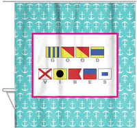 Thumbnail for Personalized Nautical Flags Shower Curtain with Anchors - Teal and Pink - Flags with Grey Letters - Hanging View