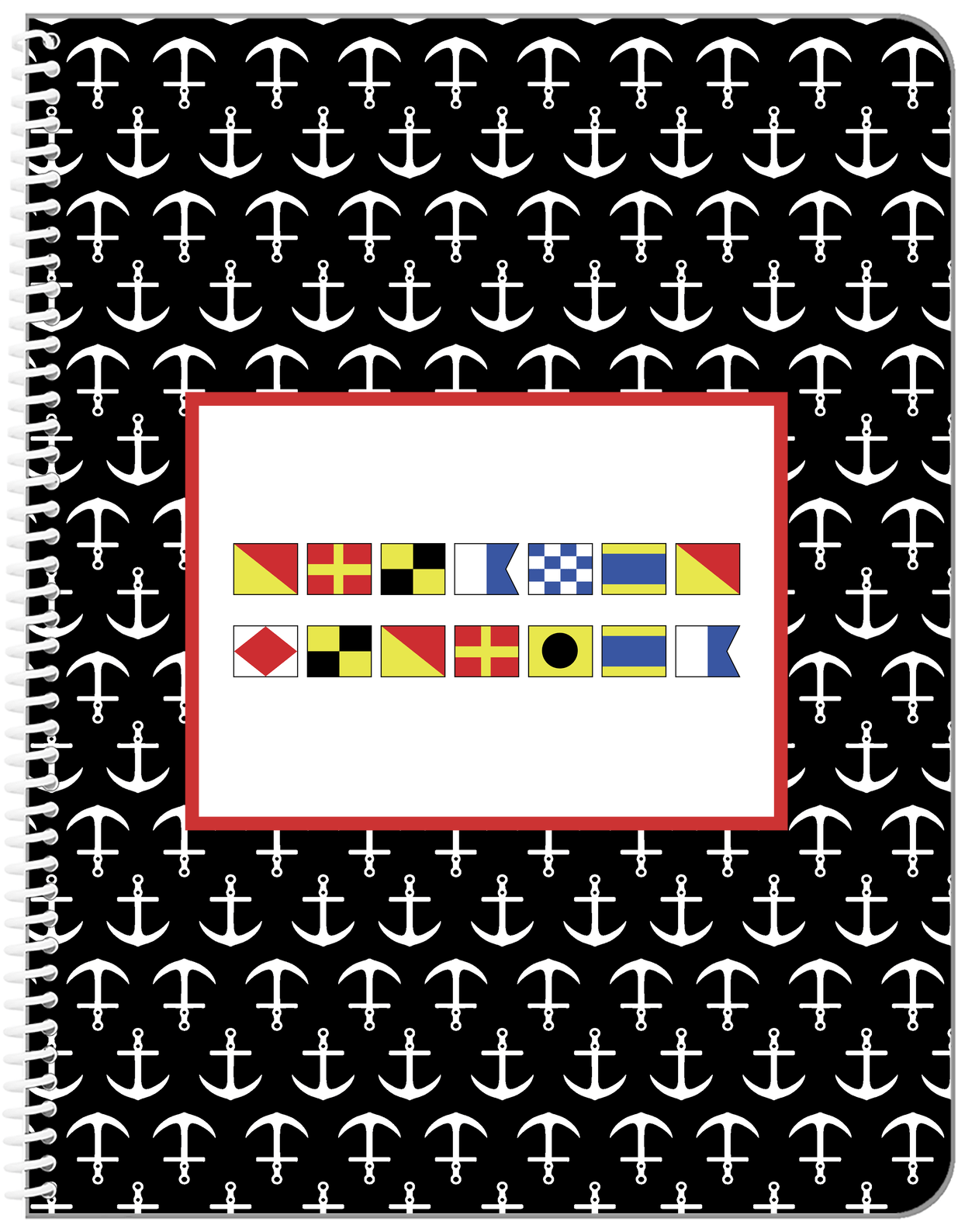Personalized Nautical Flags Notebook with Anchors - Black and Red - Flags without Letters - Front View