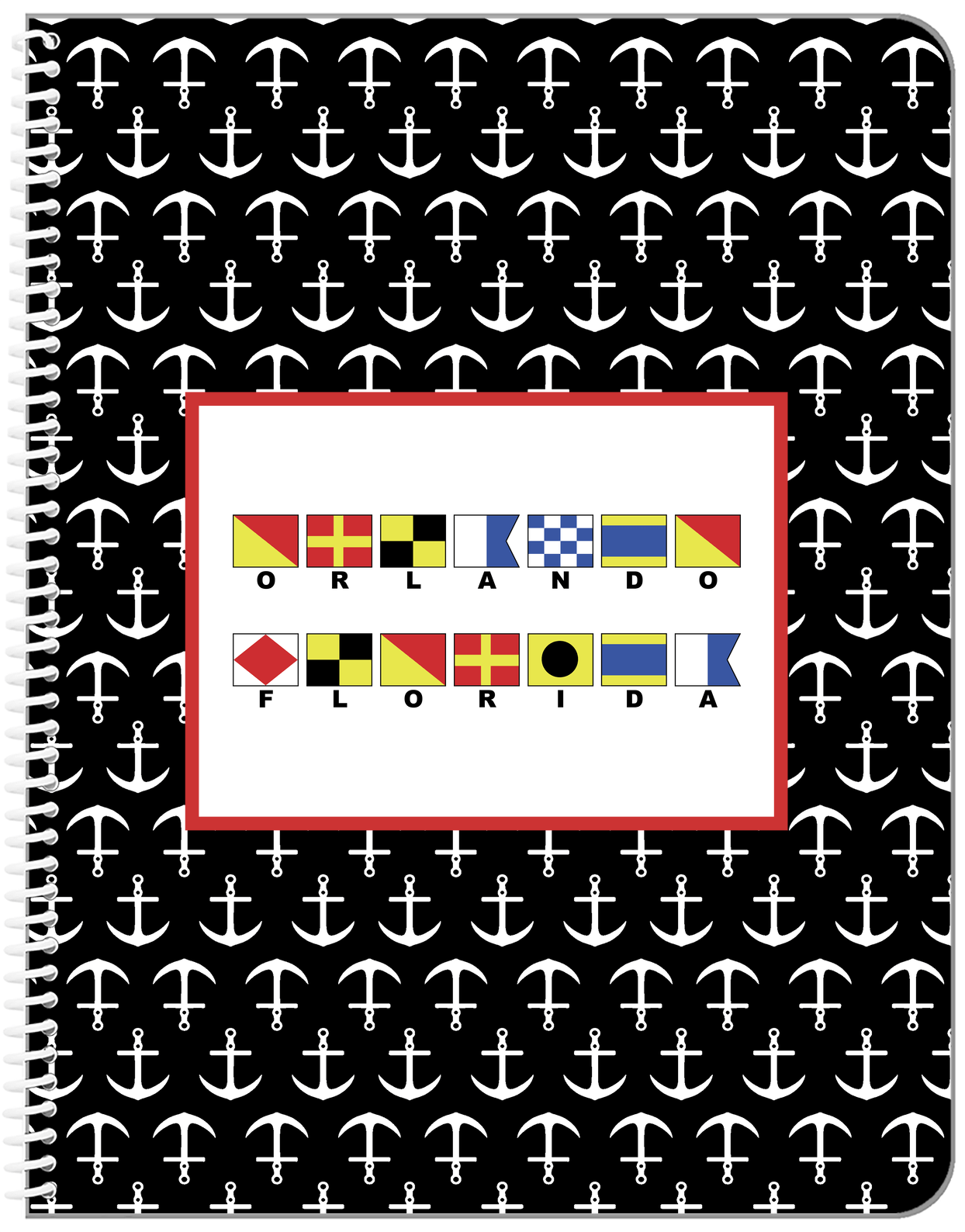 Personalized Nautical Flags Notebook with Anchors - Black and Red - Flags with Small Letters - Front View