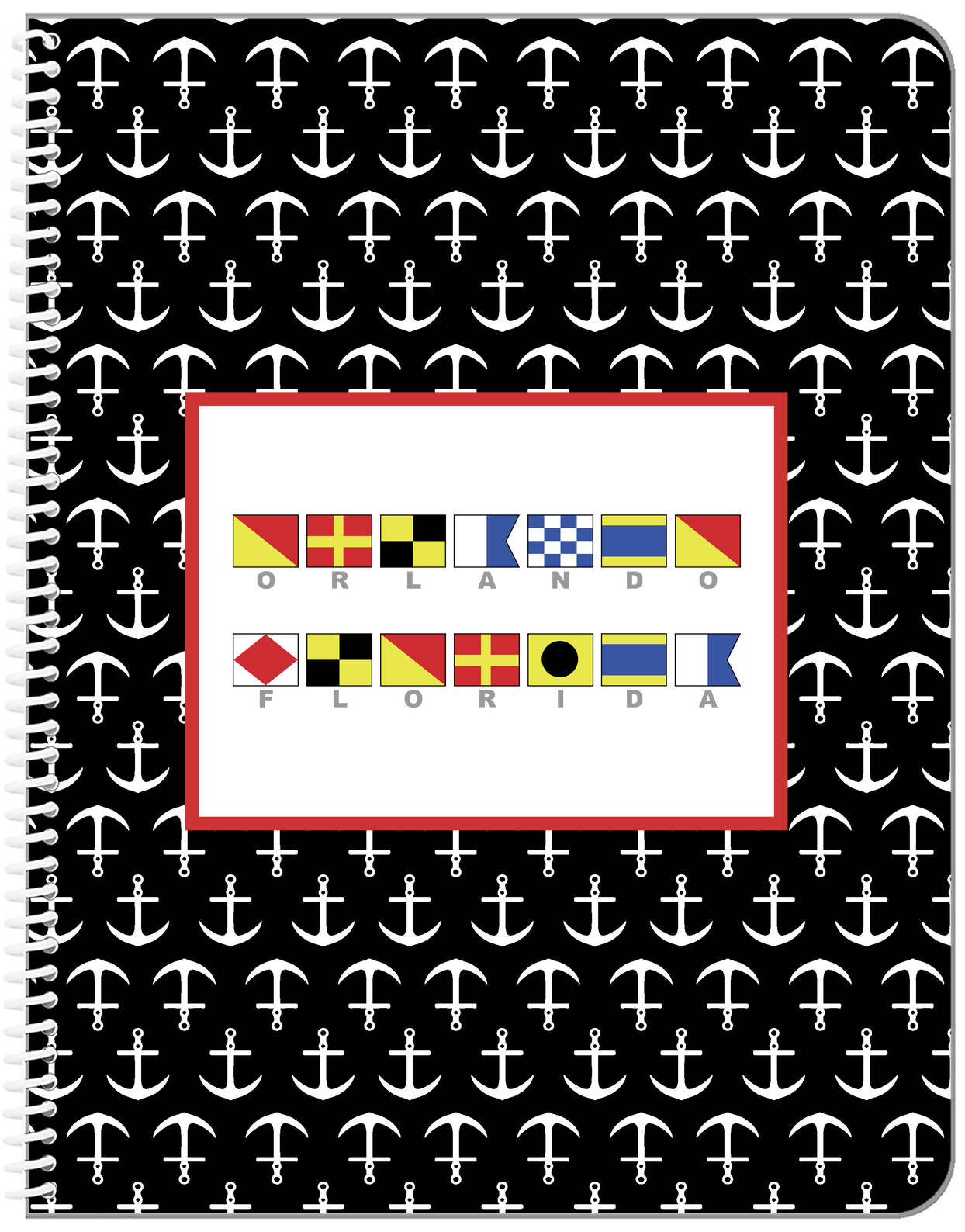 Personalized Nautical Flags Notebook with Anchors - Black and Red - Flags with Grey Letters - Front View