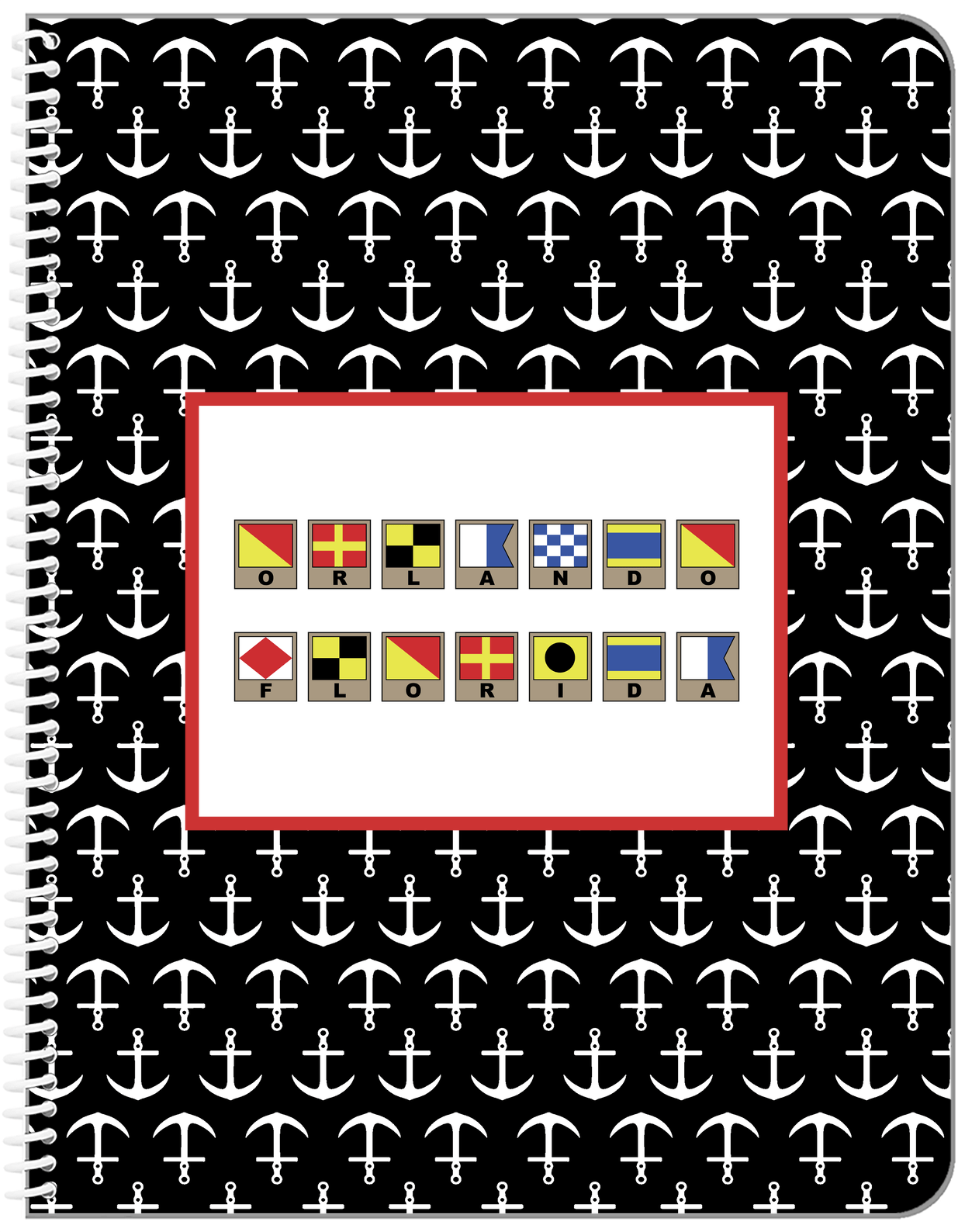 Personalized Nautical Flags Notebook with Anchors - Black and Red - Flags with Light Brown Frames - Front View