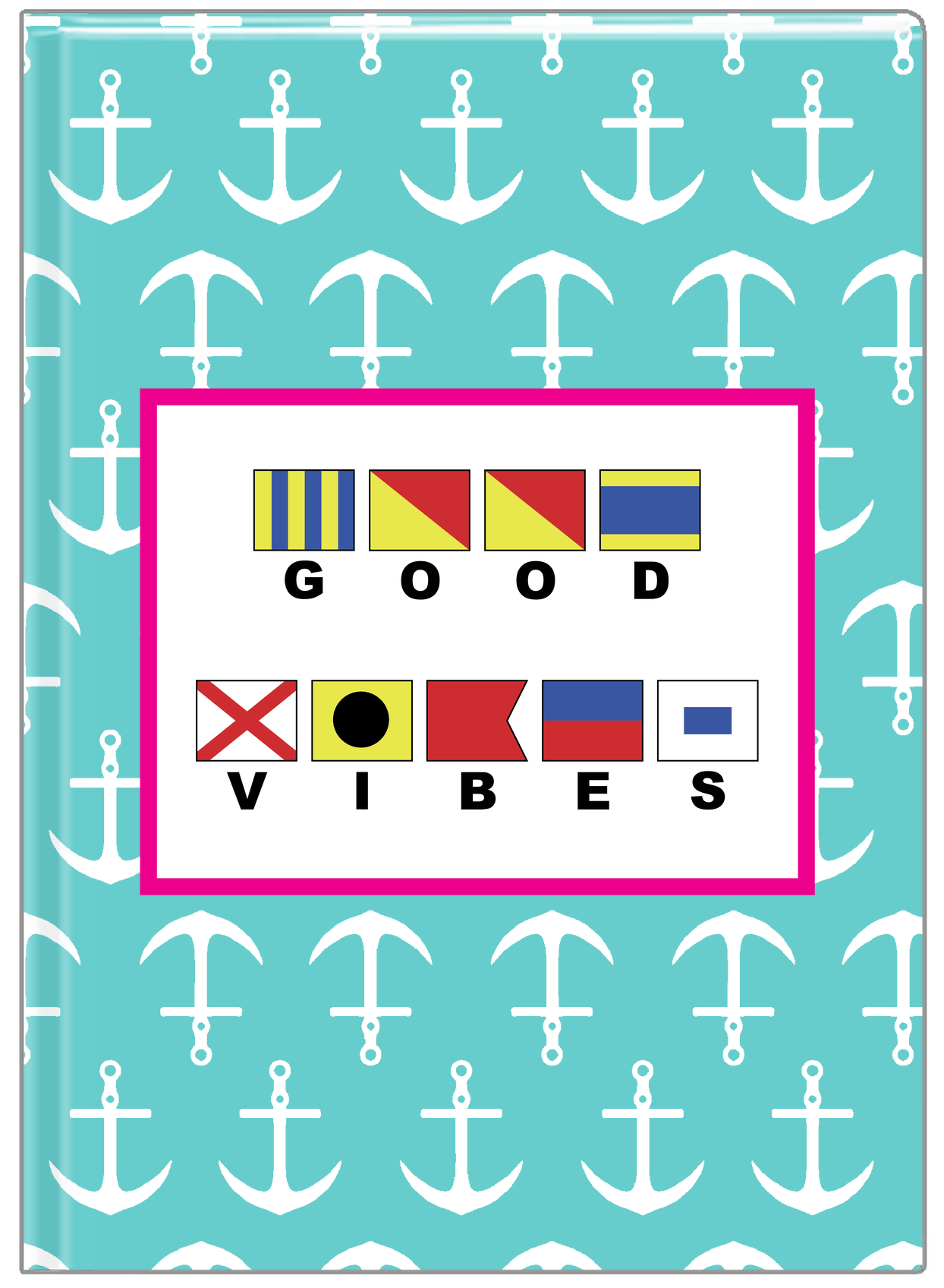 Personalized Nautical Flags Journal with Anchors - Teal and Pink - Flags with Large Letters - Front View