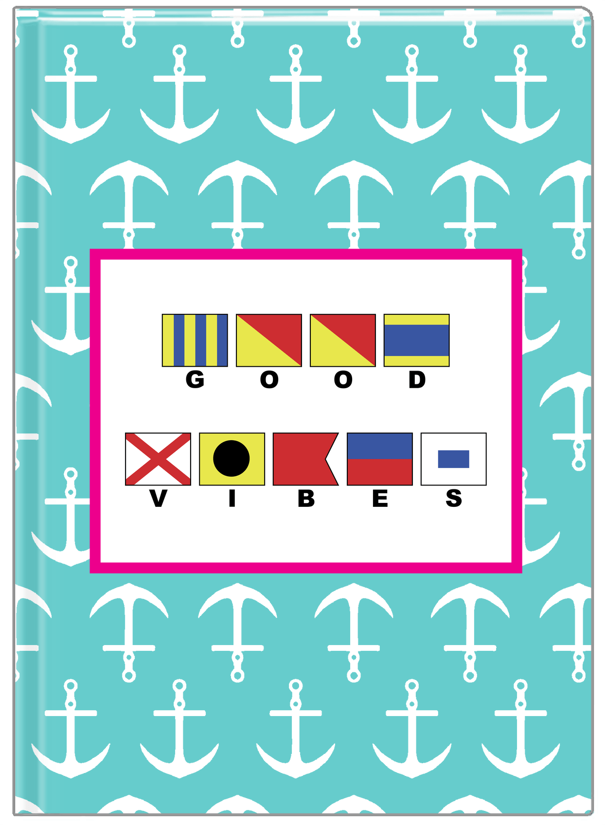 Personalized Nautical Flags Journal with Anchors - Teal and Pink - Flags with Small Letters - Front View