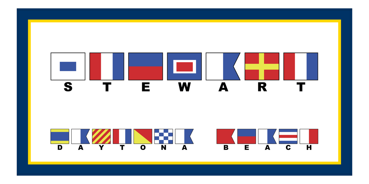 Personalized Nautical Flags Beach Towel II - Navy Blue and Gold - Flags with Small Letters - Front View