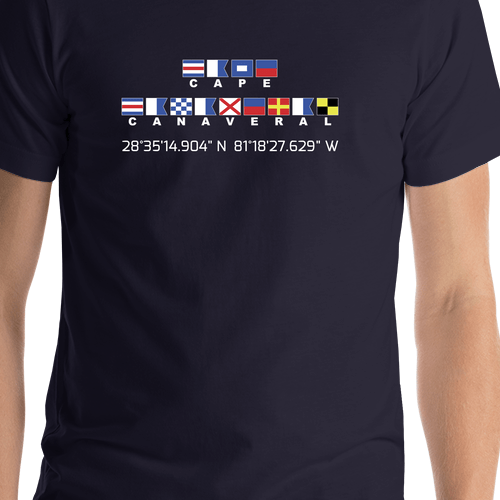 Personalized Nautical Flags T-Shirt - Navy - Latitude and Longitude - Shirt Close-Up View