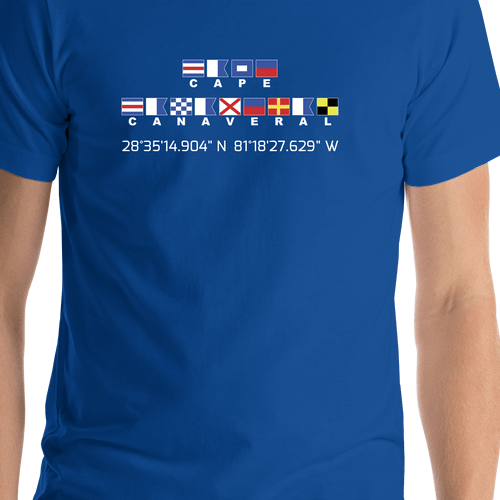 Personalized Nautical Flags T-Shirt - Royal Blue - Latitude and Longitude - Shirt Close-Up View