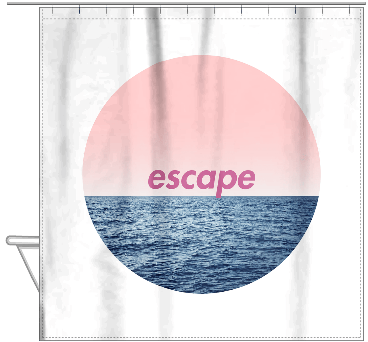 Personalized Ocean Circle Shower Curtain - White with Pink Sky - Ocean Color I - Hanging View