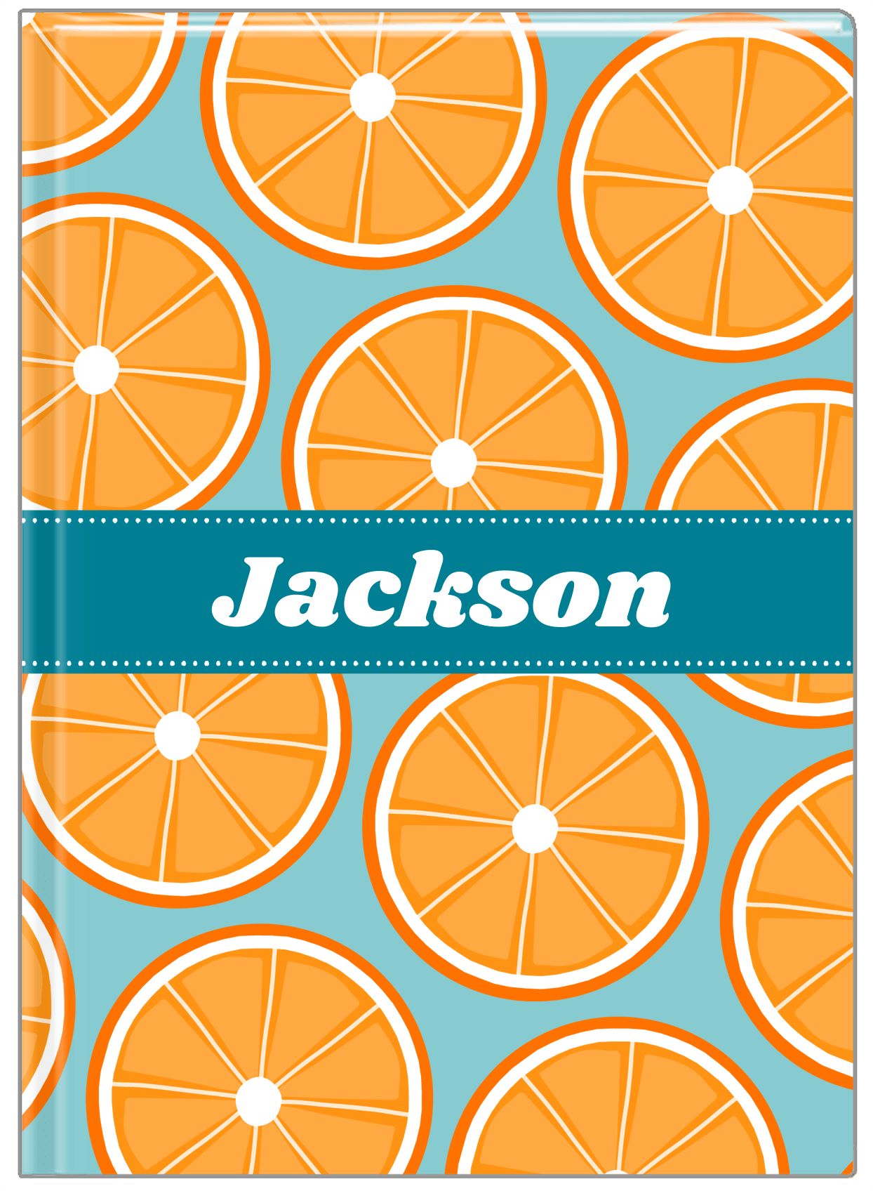 Personalized Oranges Journal - Blue Background - Ribbon Nameplate - Front View