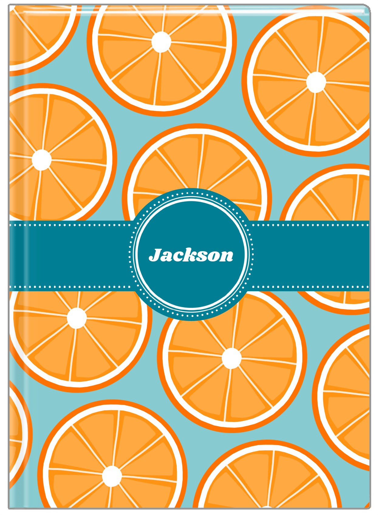 Personalized Oranges Journal - Blue Background - Circle Ribbon Nameplate - Front View