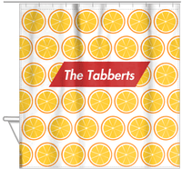 Thumbnail for Personalized Oranges Shower Curtain - Angled Rectangle Nameplate - Hanging View