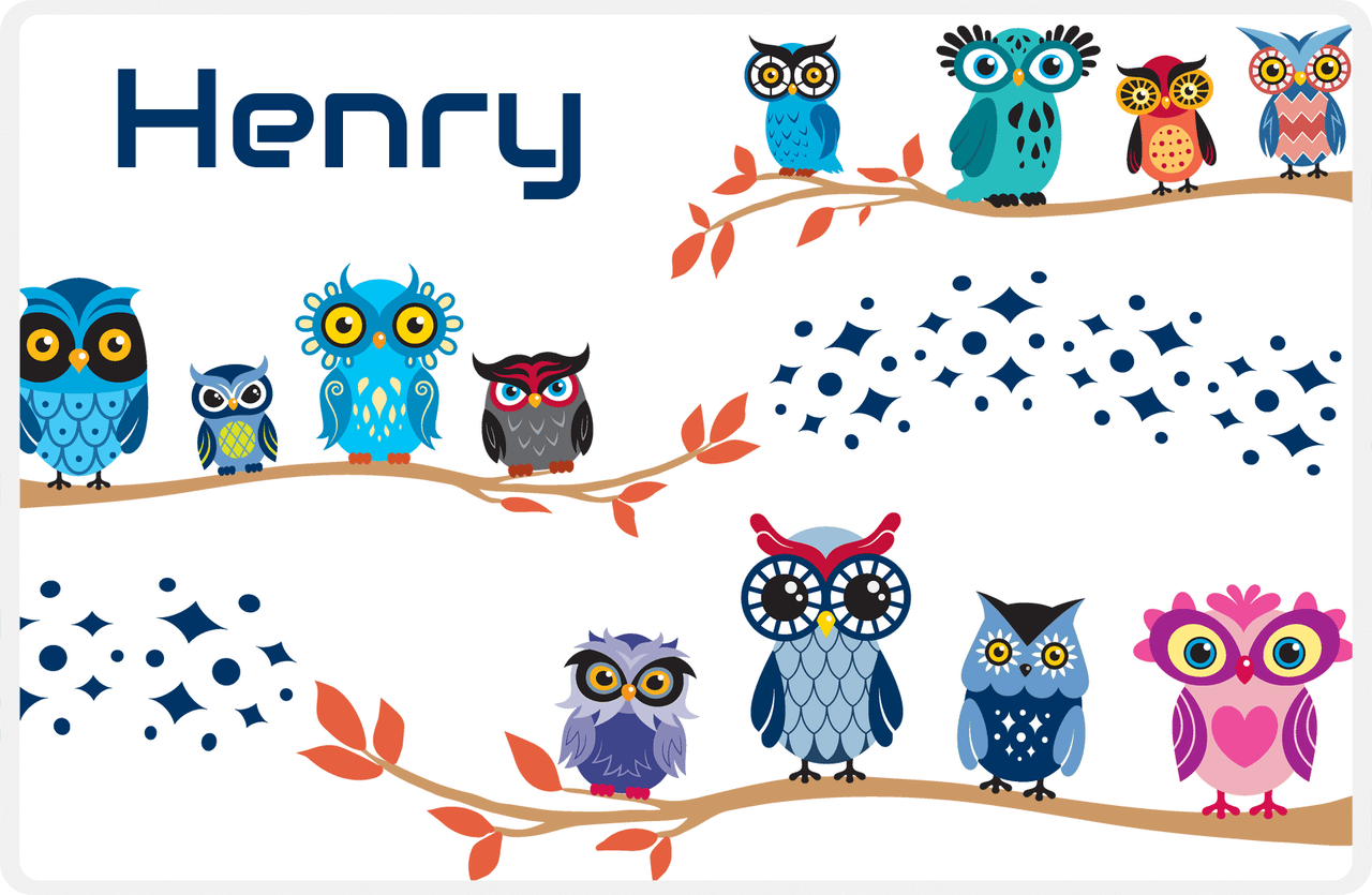 Personalized Owl Placemat - All Owls I - Owl 03 - White Background with Blue Owl -  View