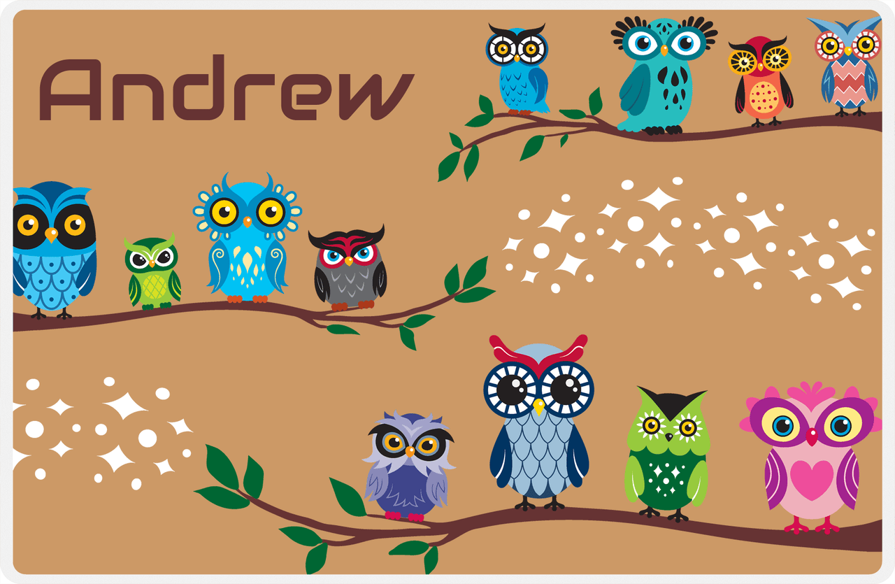 Personalized Owl Placemat - All Owls I - Owl 03 - Brown Background with Green Owl -  View