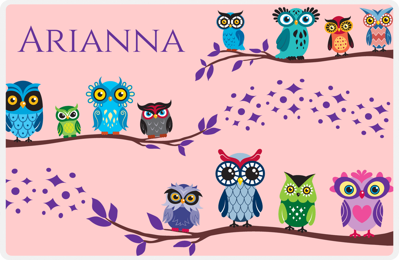 Personalized Owl Placemat - All Owls I - Owl 07 - Pink Background with Purple Owl -  View