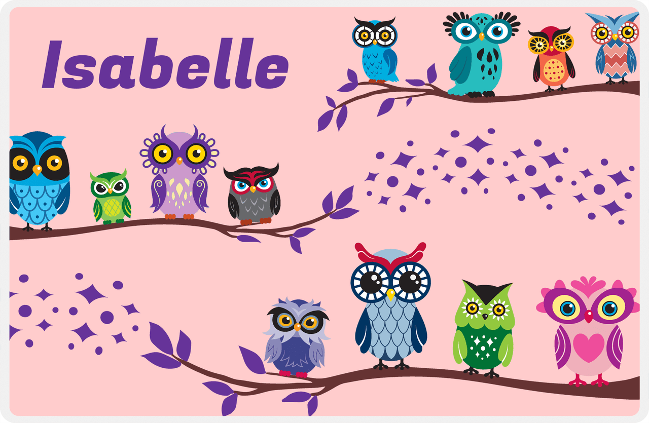 Personalized Owl Placemat - All Owls I - Owl 01 - Pink Background with Purple Owl -  View