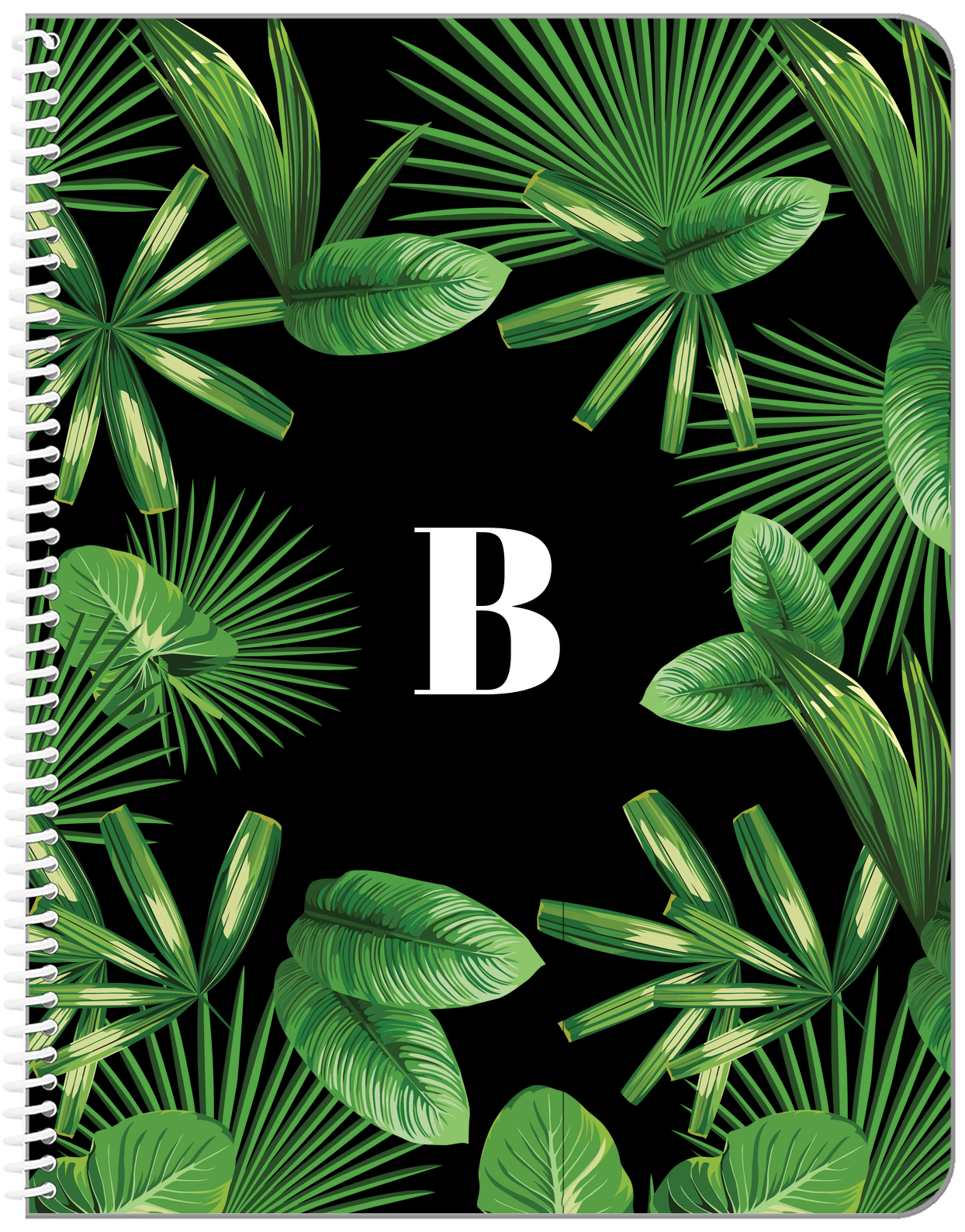 Personalized Palm Fronds Notebook - Black Background - Front View