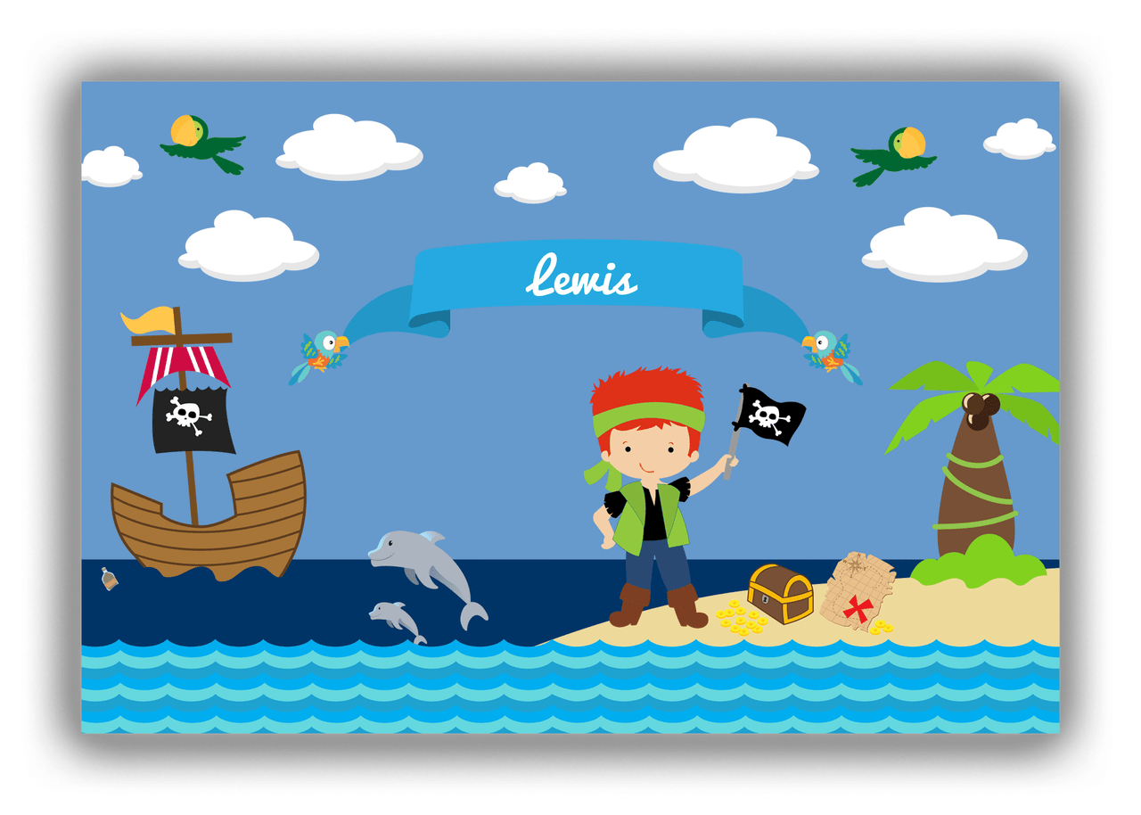 Personalized Pirate Canvas Wrap & Photo Print III - Blue Background - Redhead Boy with Flag - Front View