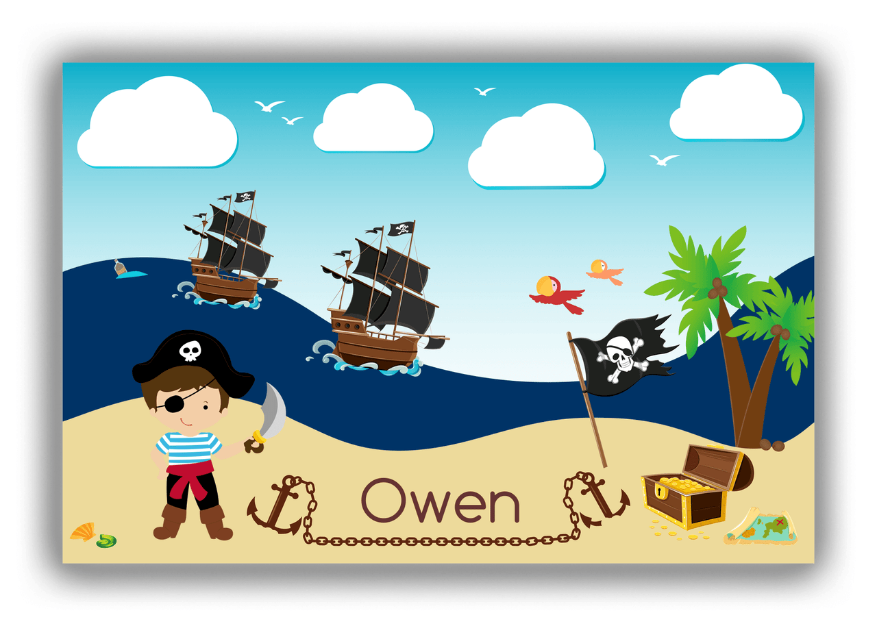 Personalized Pirate Canvas Wrap & Photo Print VIII - Blue Background - Brown Hair Boy with Sword - Front View
