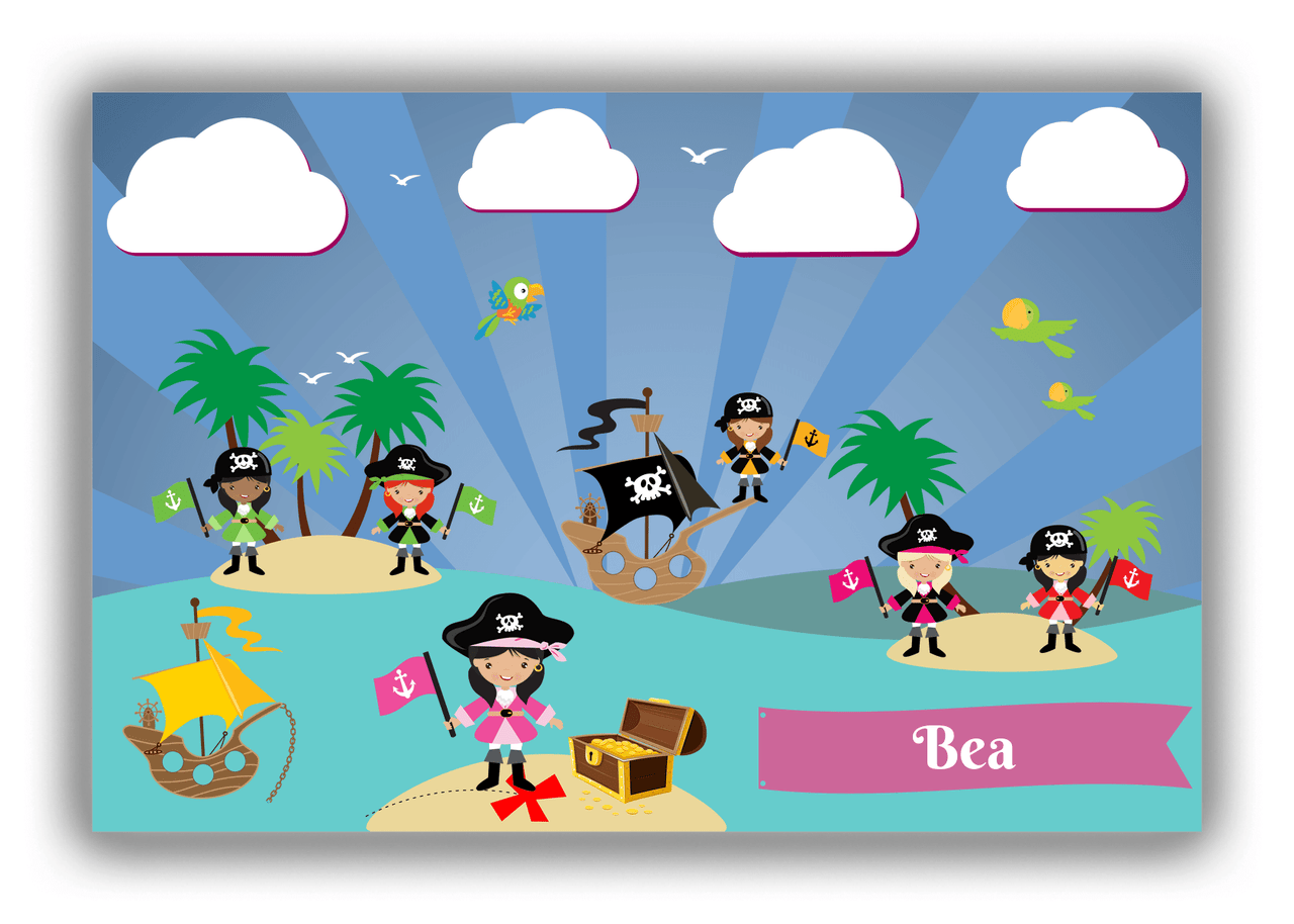 Personalized Pirate Canvas Wrap & Photo Print XXI - Blue Background - Black Hair Girl with Flag - Front View