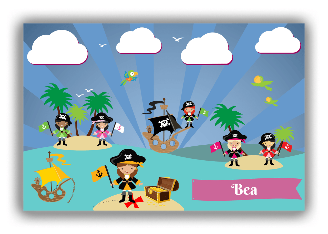 Personalized Pirate Canvas Wrap & Photo Print XXI - Blue Background - Brunette Girl with Flag - Front View