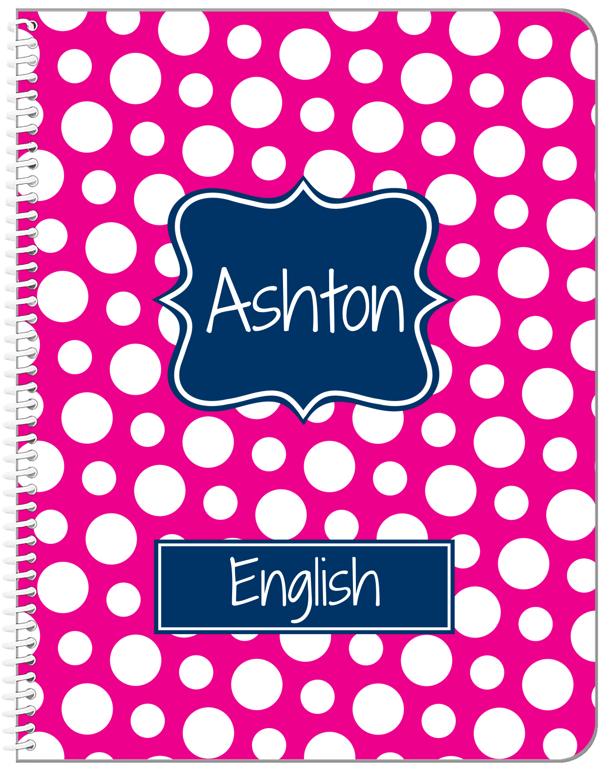 Personalized Polka Dots Notebook - Hot Pink and Navy - Fancy Nameplate - Front View