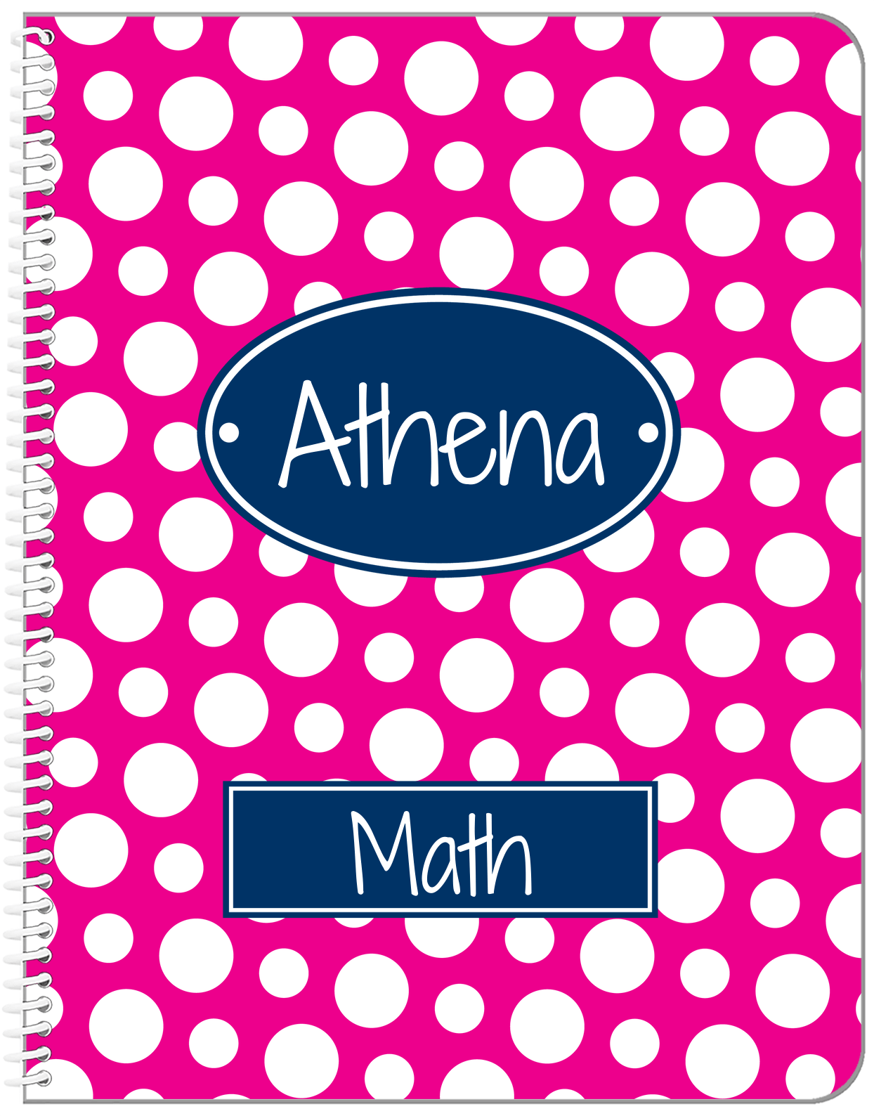 Personalized Polka Dots Notebook - Hot Pink and Navy - Oval Nameplate - Front View
