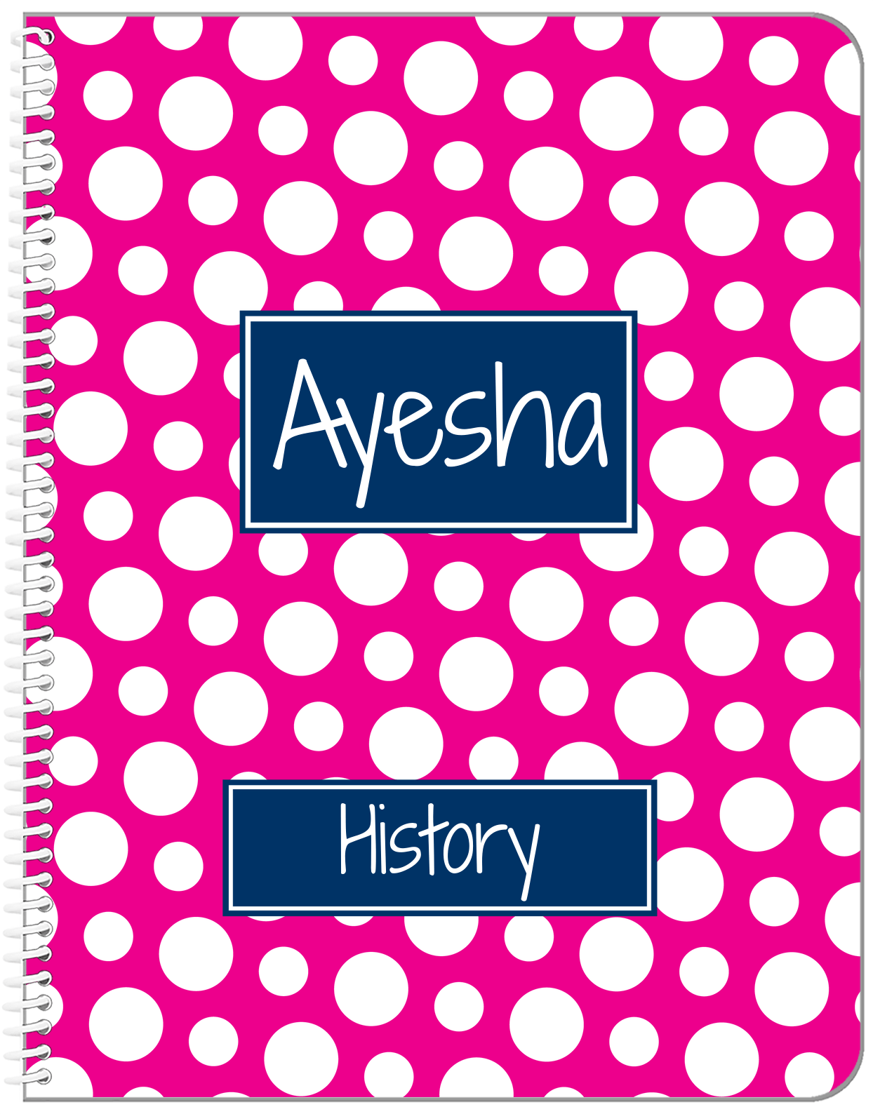 Personalized Polka Dots Notebook - Hot Pink and Navy - Rectangle Nameplate - Front View