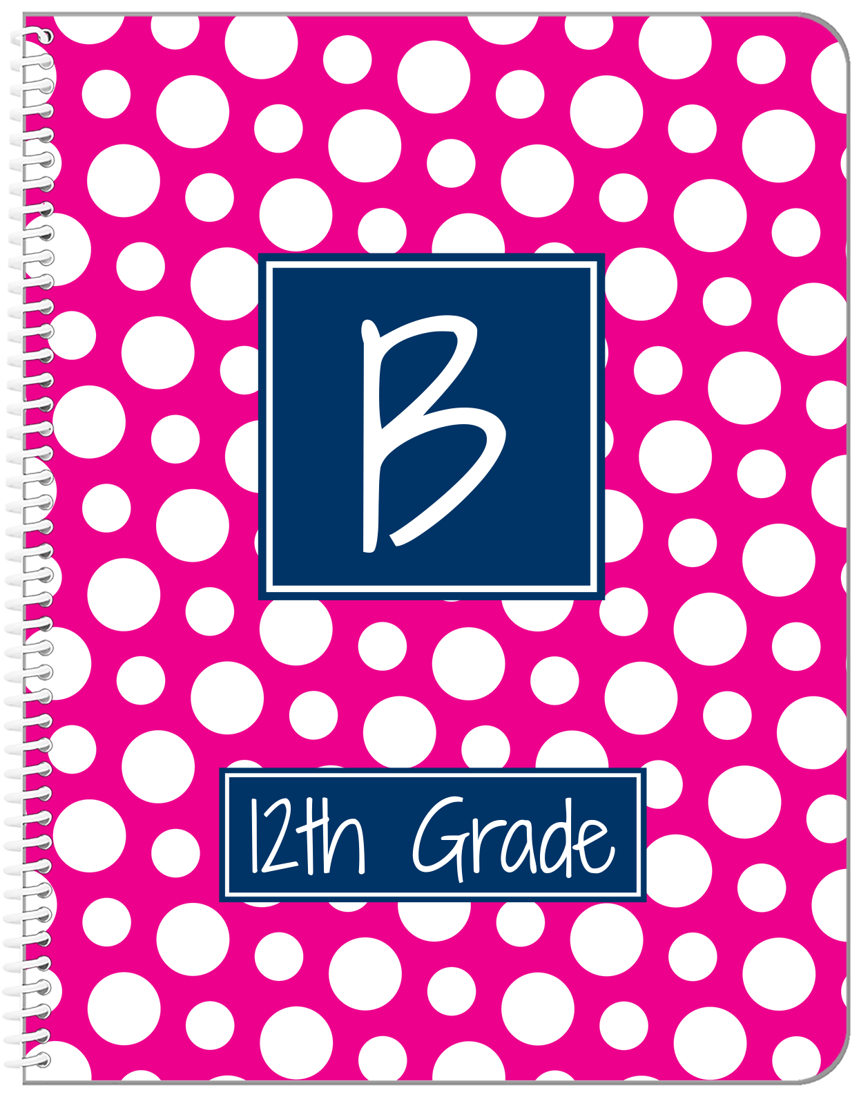 Personalized Polka Dots Notebook - Hot Pink and Navy - Square Nameplate - Front View