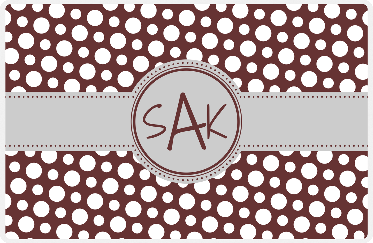 Personalized Polka Dot Placemat - Brown and White - Light Grey Circle Frame With Ribbon -  View
