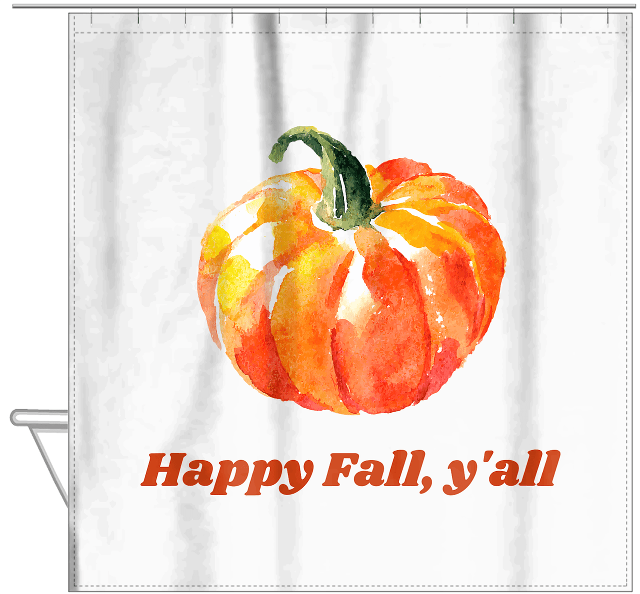 Personalized Pumpkin Shower Curtain - White Background - Text Below Pumpkin - Hanging View
