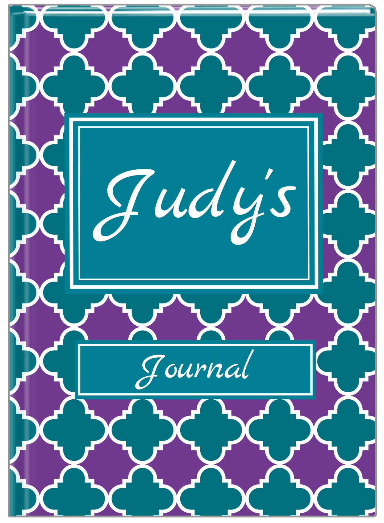 Personalized Quatrefoil Journal - Purple and Teal - Rectangle Nameplate - Front View