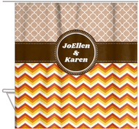 Thumbnail for Personalized Quatrefoil and Chevron IV Shower Curtain - Brown and Orange - Circle Nameplate - Hanging View