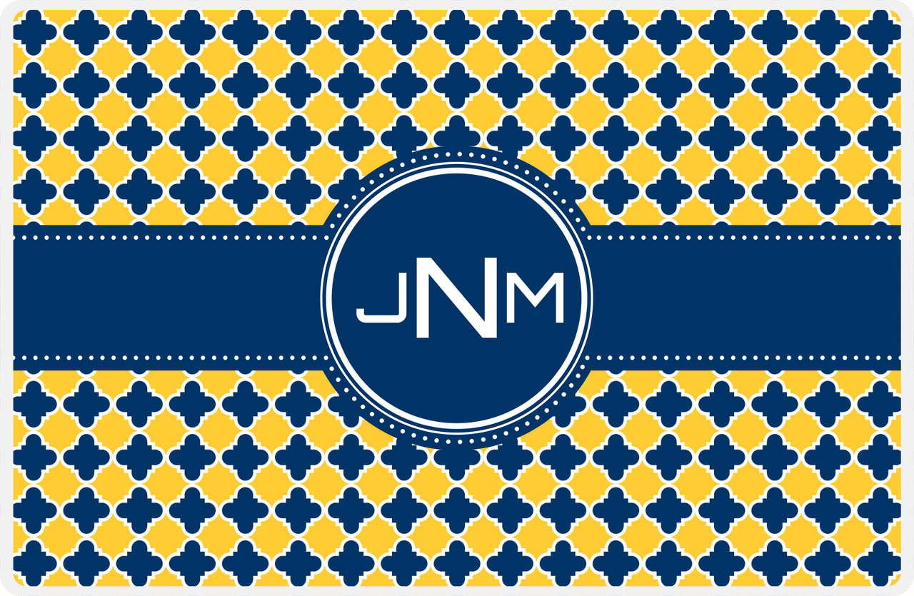 Personalized Quatrefoil Placemat - Navy and Mustard - Navy Circle Frame With Ribbon -  View