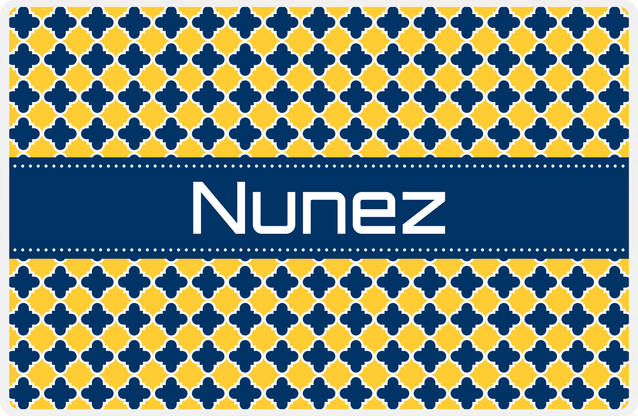 Personalized Quatrefoil Placemat - Navy and Mustard - Navy Ribbon Frame -  View