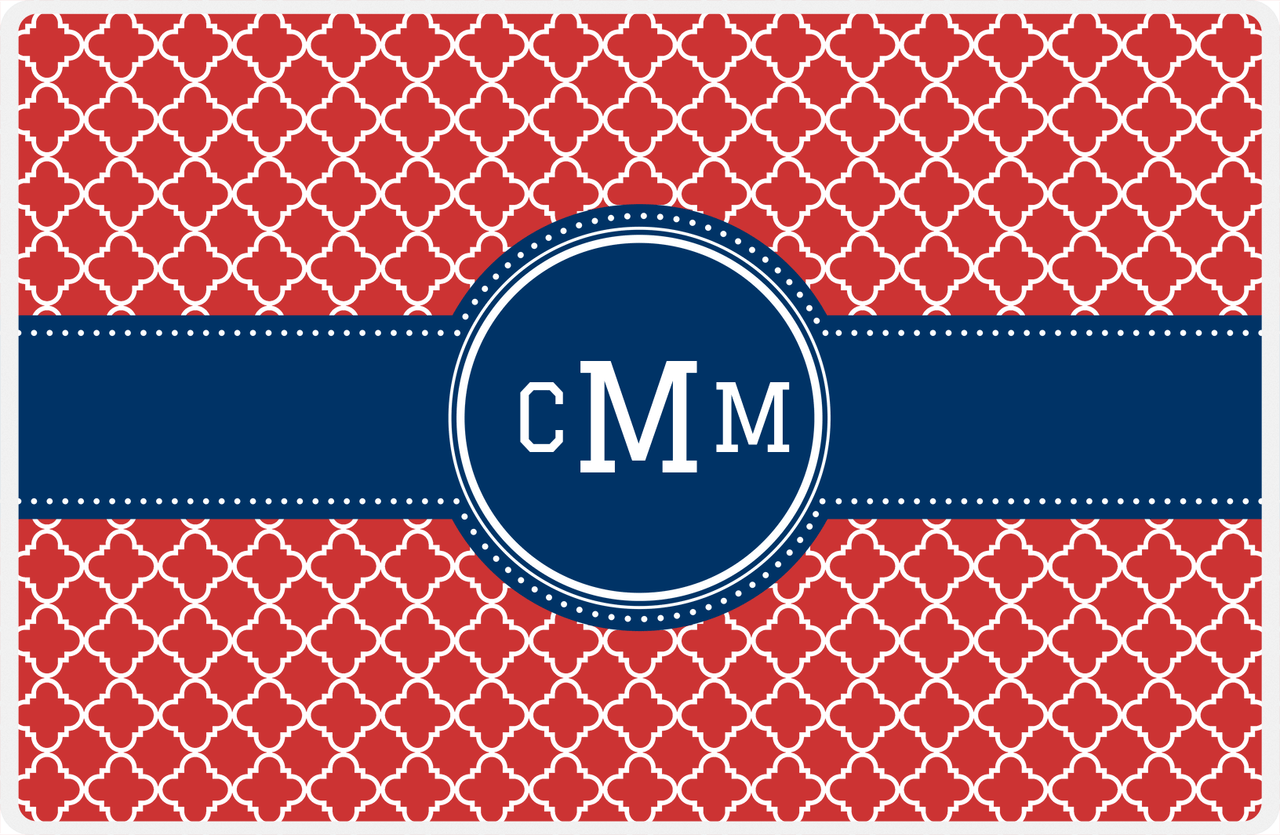 Personalized Quatrefoil Placemat - Cherry Red and White - Navy Circle Frame With Ribbon -  View