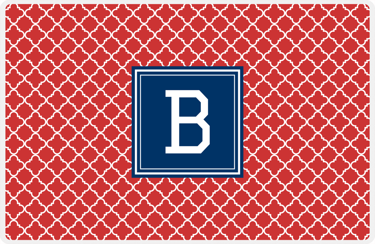 Personalized Quatrefoil Placemat - Cherry Red and White - Navy Square Frame -  View