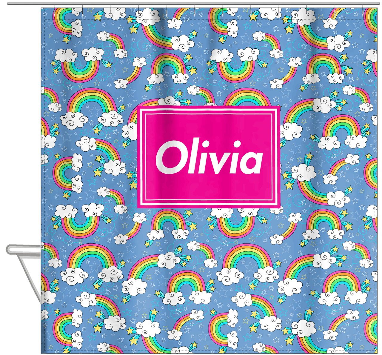 Personalized Rainbows Shower Curtain I - Rectangle Nameplate - Hanging View
