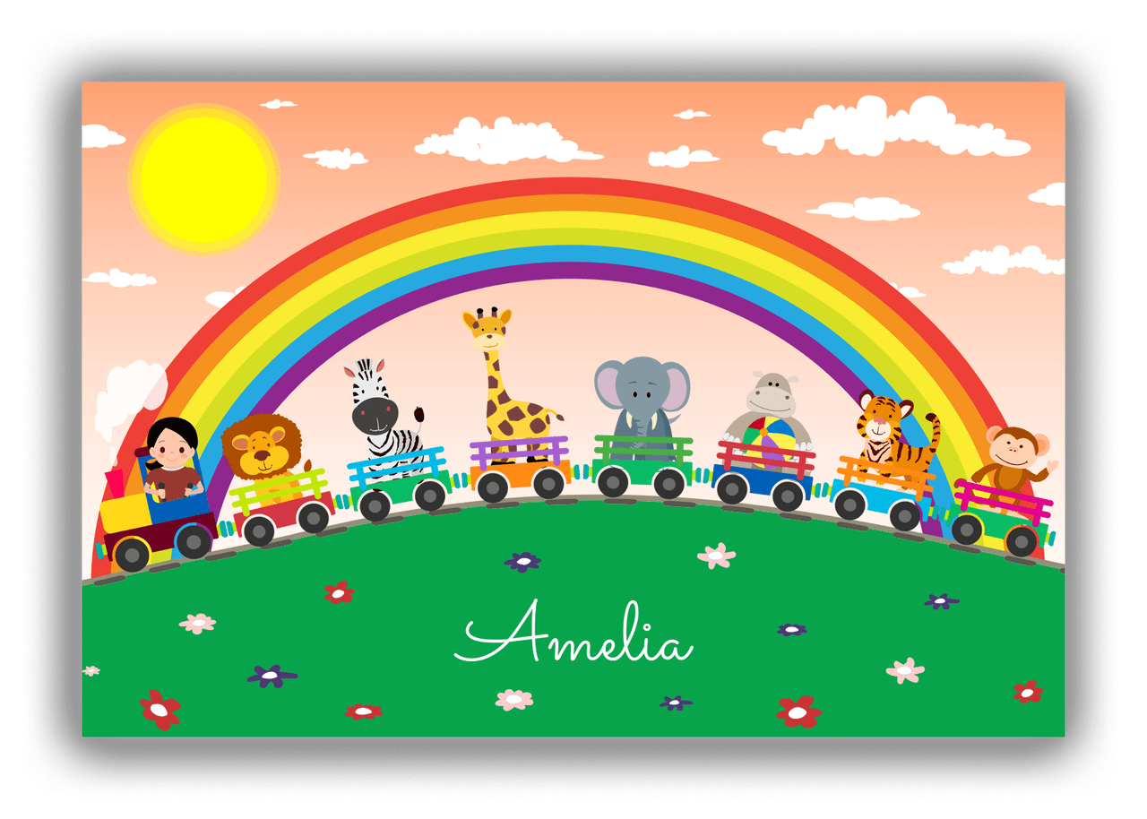 Personalized Rainbow Canvas Wrap & Photo Print V - Animal Train - Black Hair Girl - Front View