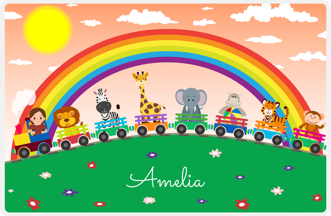 Personalized Rainbow Placemat V - Animal Train - Brunette Girl -  View