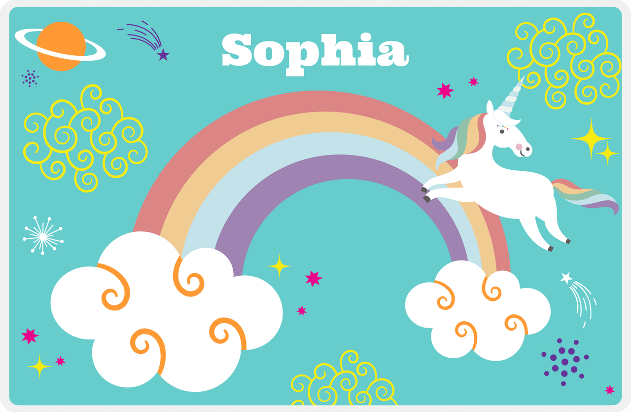 Personalized Rainbow Placemat VII - Rainbow Unicorn - Teal Background -  View