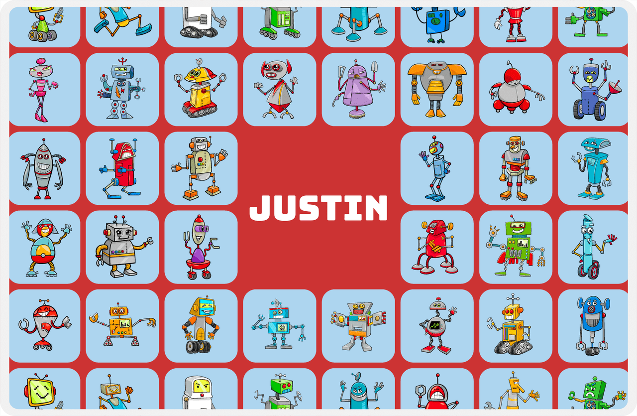 Personalized Robots Placemat IV - Robot Crew - Red Background -  View