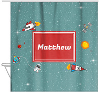 Thumbnail for Personalized Rocket Ship Shower Curtain II - Galaxy Center - Rectangle Nameplate - Hanging View