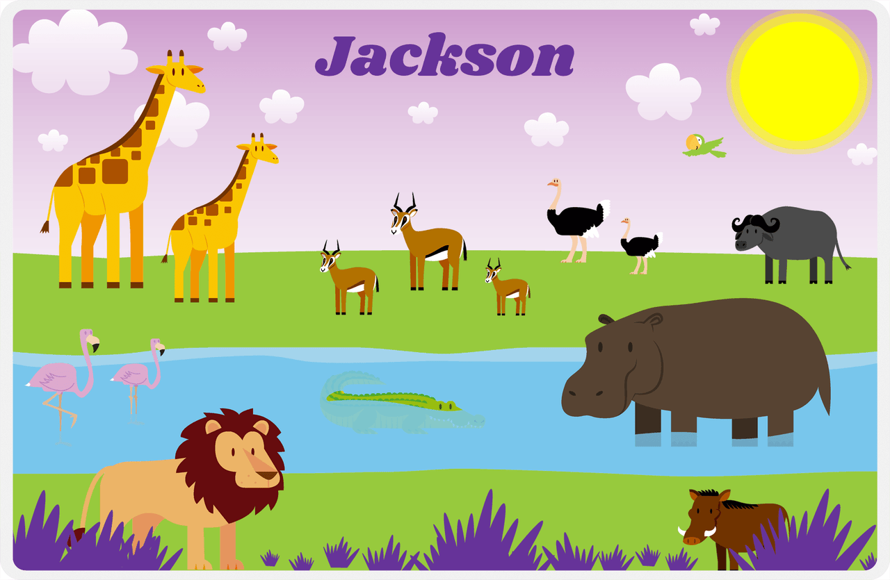 Personalized Safari / Zoo Placemat VII - Savanna Buddies - Purple Background -  View